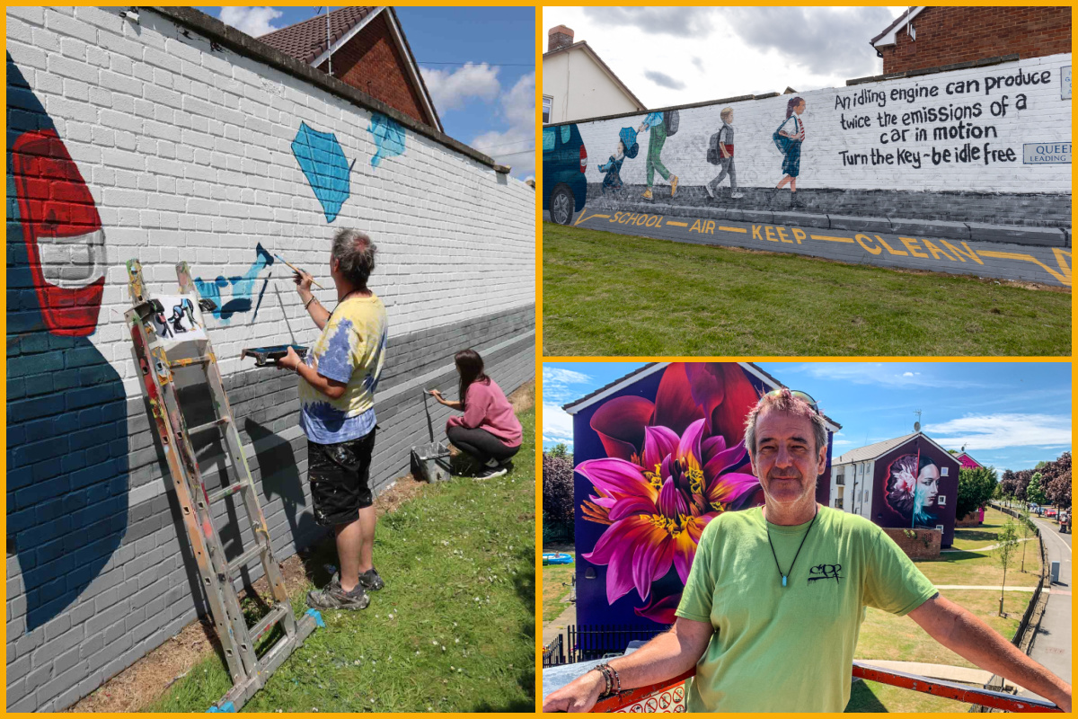 A collage of images of artist and director of Cheltenham Paint Festival, Andy 'Dice' Davies painting a mural.